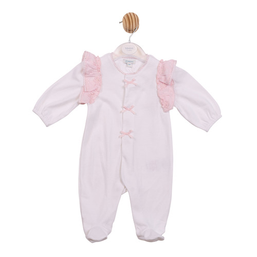Mintini White/Pink Broderie Flower All in One  Sleepsuit MB7227
