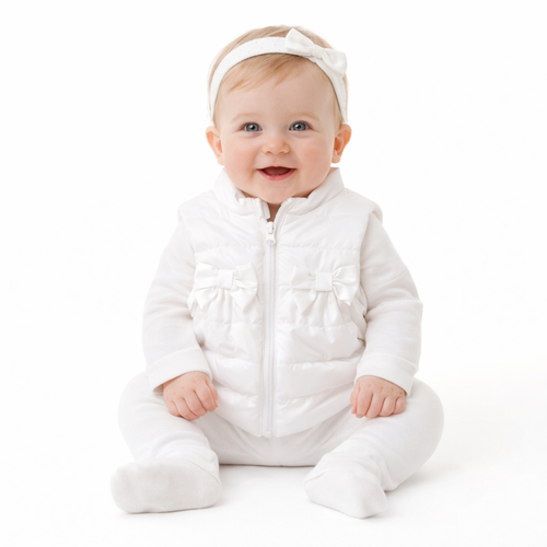 Mintini Baby Girls White Silky Lightweight Gilet with Bows MB6867