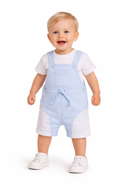 Mintini Baby Boys White/Blue Top & Short Dungaree Set MB7006