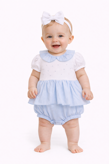 Mintini Baby Girls White/Blue Diamante Frill Romper MB7117