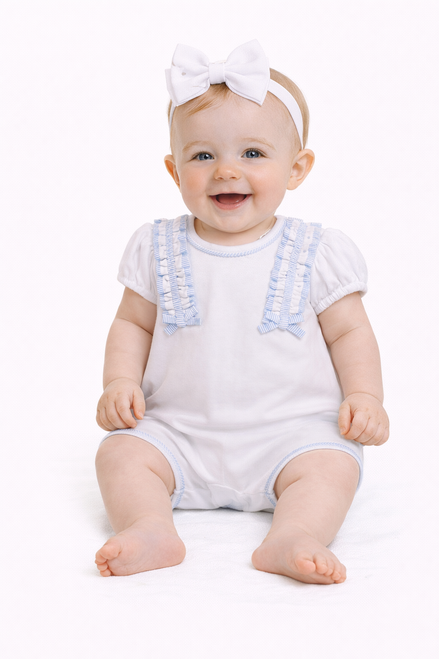 Mintini Baby Girls White/Blue Broderie Stripe Romper MB7181