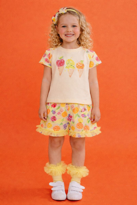 Daga Girls Tutti Frutti Lemon T-Shirt with Fruit Print Sleeves & Matching Tulle Trimmed Shorts M13/26 (M10535 + M10537)