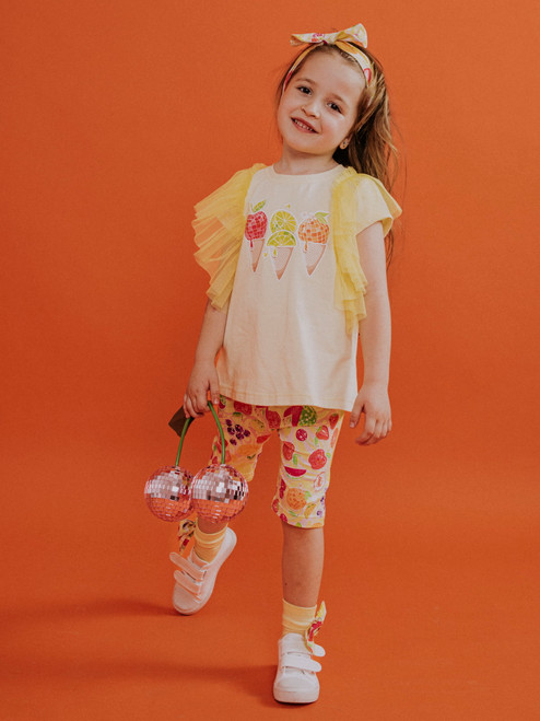 Daga Girls Tutti Frutti Lemon T-Shirt with Tulle Frill & Matching Fruit Print Cropped Leggings M15/26 (M10540 + M10541)