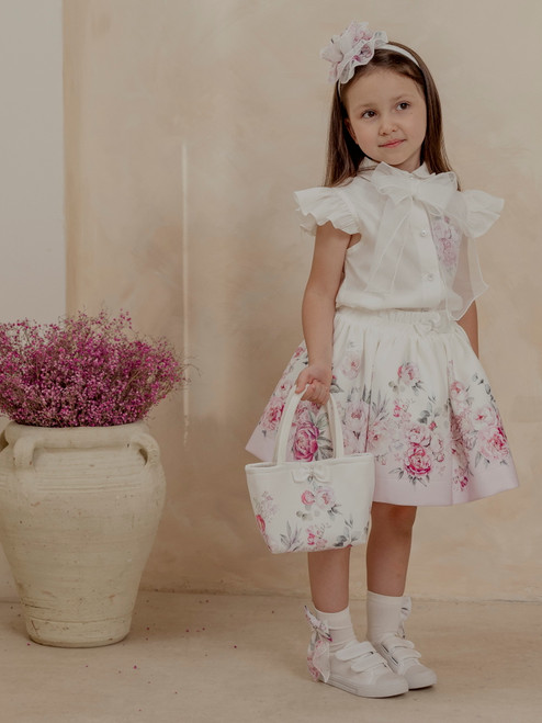 Daga Girls Harmony Blush White Floral Blouse with Tulle Bow & Matching Floral Skirt M18/26 (M10567 + M10568)