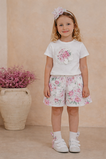 Daga Girls Harmony Blush White Floral Print T-Shirt with Diamante Detail & Matching Floral Shorts M20/26 (M10571 + M10576)