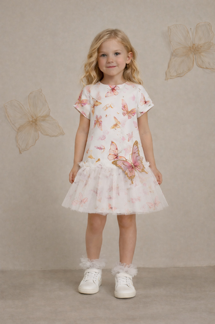 Daga Girls Twinkle Flight White Butterfly Print Dress with Glitter & Tulle Over-Skirt M10487
