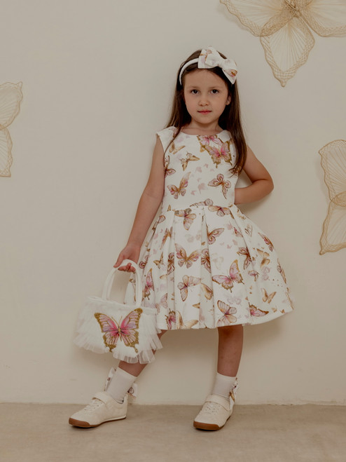 Daga Girls Twinkle Flight White Pleated Butterfly Print Dress with Large White Bow on Back M10490