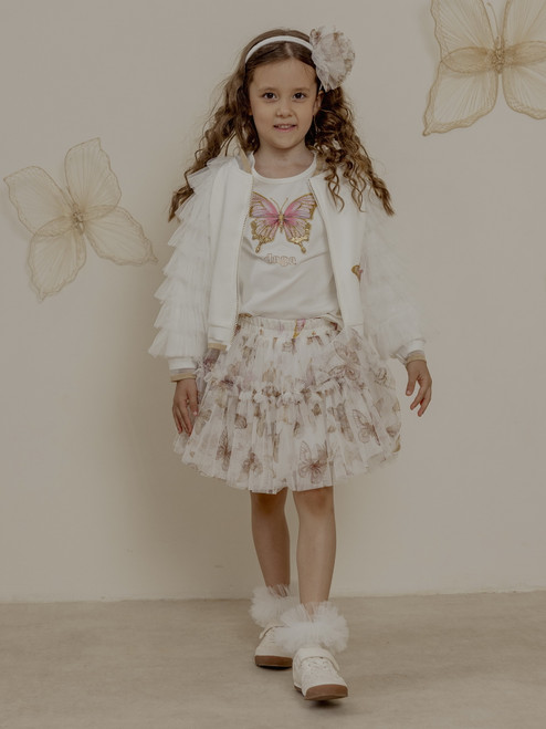 Daga Girls Twinkle Flight White Bomber Jacket with Pink/Gold Glittered Butterfly & Layered Tulle Sleeves M10491