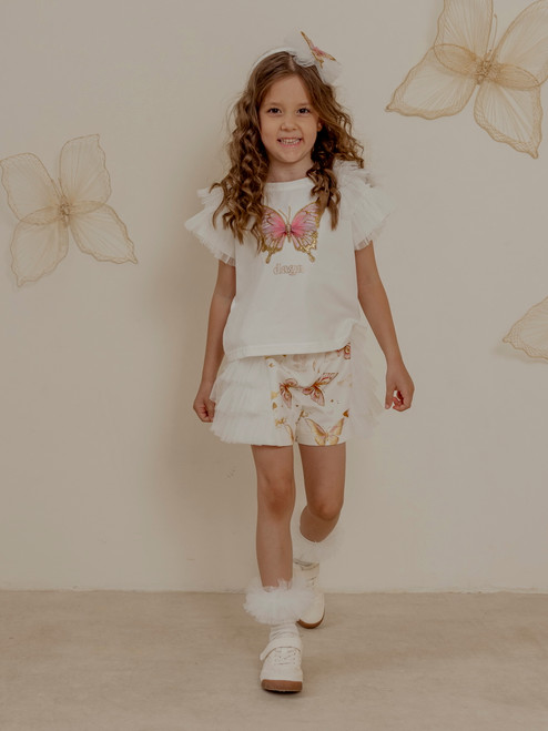 Daga Girls Twinkle Flight White Butterfly Top with Tulle Sleeves & Matching Print Tulle Shorts M10/26 (M10495 + M10496)