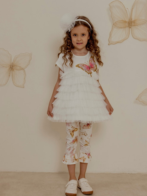 Daga Girls Twinkle Flight White Layered Tulle Top with Glitter Butterfly Motif & Matching Print Cropped Leggings M12/26 (M10507 + M10508)