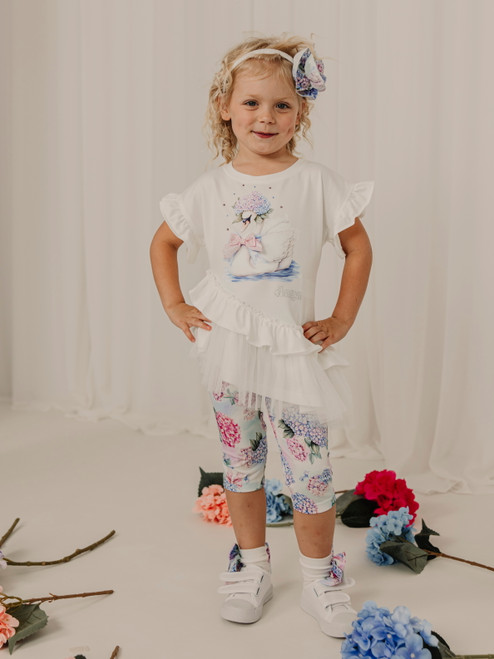 Daga Girls Pastel Bloom Ivory Swan and Floral Top with Flutter Sleeves and Tulle Frill & Matching Cropped Floral Leggings M6/26 (M10467 + M10469)