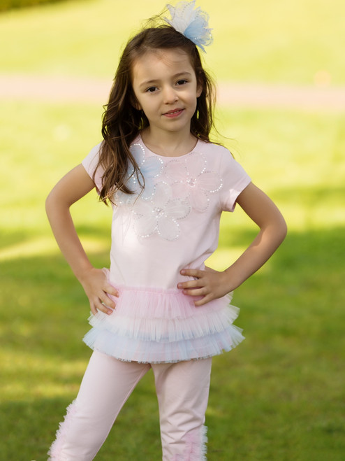 Daga Girls Ceremony Pink Top with Pink/Blue Sequined Flowers & Tulle Frill with Matching Leggings M2/26 (M10412 + M10413)