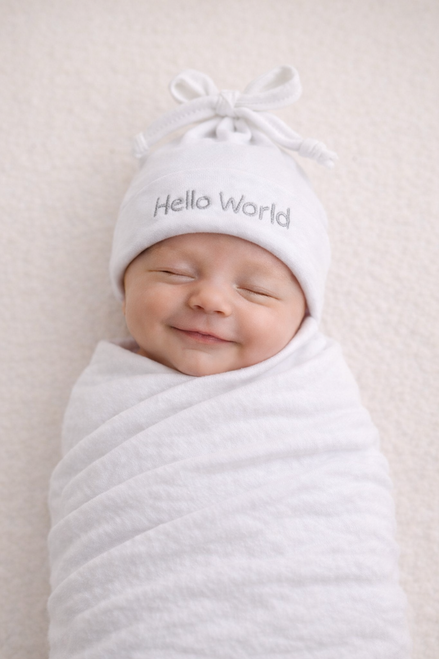 Kinder 013HW "Hello World" Embroidered Newborn Tie Top Hat - White