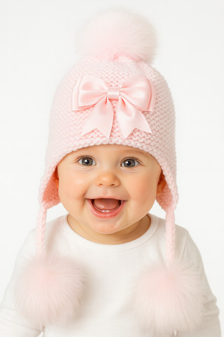 Kinder Boutique CT225 Pink Hat with Fur Poms & Bow