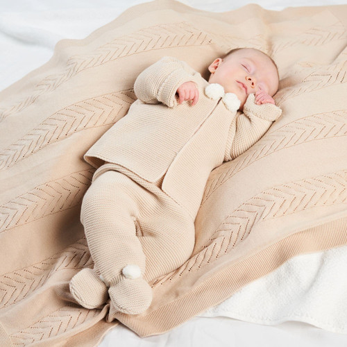 Dandelion AV2563T Boys 2-Piece Taupe Knitted Set with Ivory Pom Poms