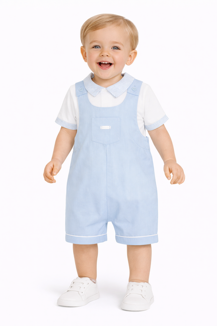 Amore AM0087 Boys Blue Dungaree with White Polo with Blue Collar & Trim