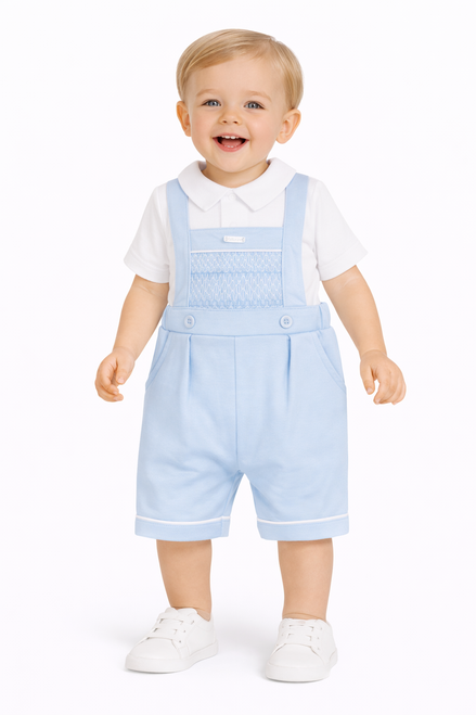 Amore AM0040 Boys Blue Smocked Dungaree with Pintuck & White Polo