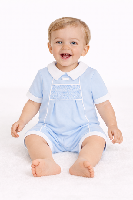 Amore AM0041 Boys Blue Smocked Romper with Pintuck & White Collar