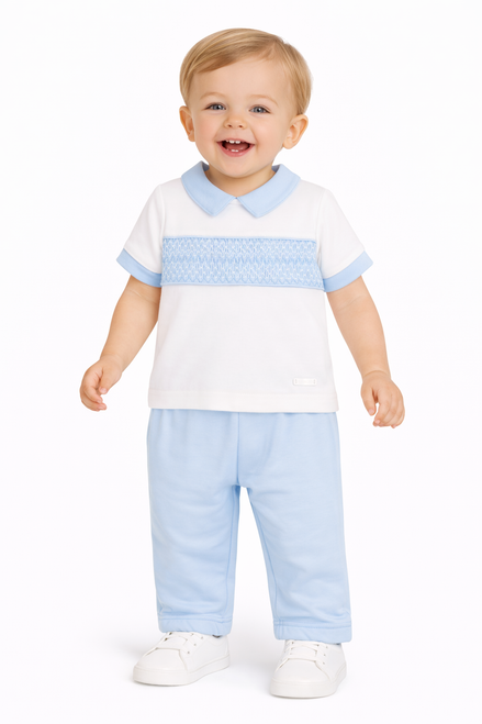 Amore AM0043 Boys White/Blue Smocked Polo Set with Blue Collar & Trim