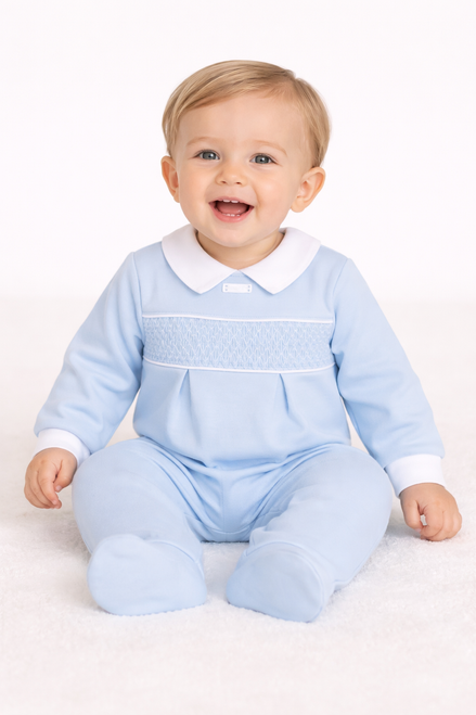 Amore AM0049 Boys Blue Smocked All in One with White Collar & Cuffs