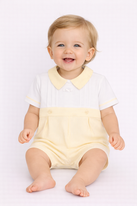 Amore AM0066 Boys White/Lemon Stripe Collared Shortie with Pintuck