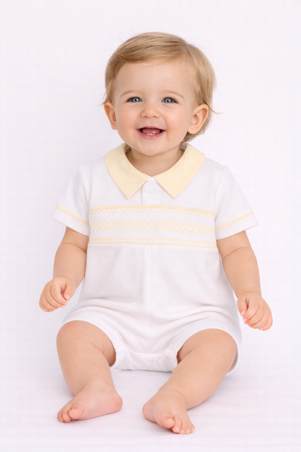 Amore AM0078 Boys White with Lemon Smocked Collared Shortie