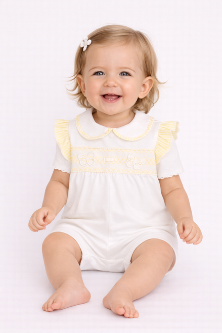 Amore AM0077W Girls White with Lemon Smocked Collared Shortie with Butterflies