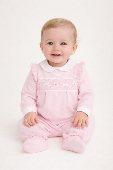 Amore AM0044 Girls Pink Little Flower Smocked Collared All in One