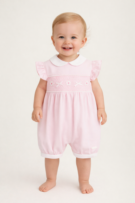 Amore AM0046 Girls Pink Little Flower Smocked Collared Shortie