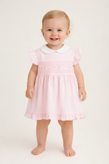 Amore AM0047 Girls Pink Little Flower Smocked Dress with Collar