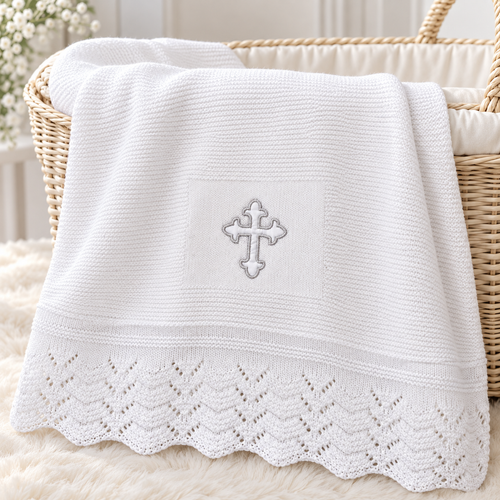 Nursery Time 419 White Baby Christening Shawl with Embroidered Cross