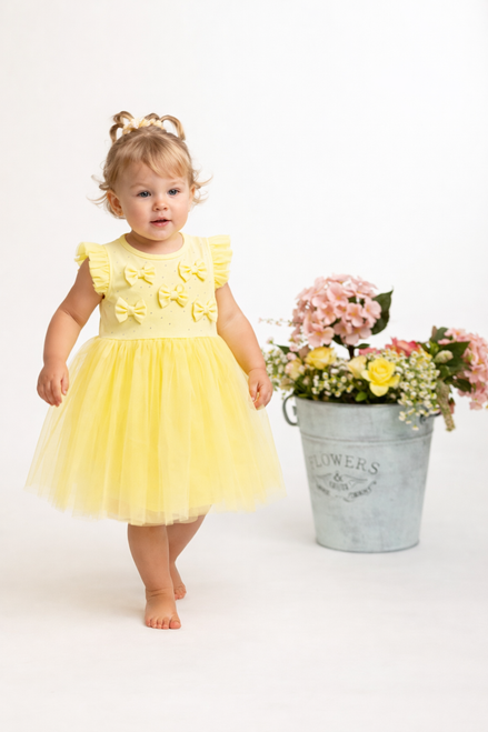 Caramelo Girls Lemon Diamonte Bow Party Dress 0321263