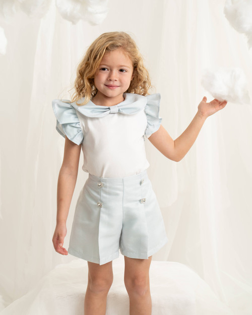 Caramelo Girls Pale Blue Occasion Bow Top with Frill Sleeve Short Set 0190184