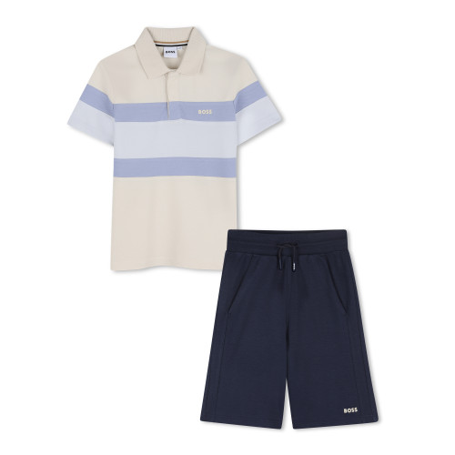 BOSS BOYS BEIGE/PALE BLUE POLO SHIRT & SHORT SET J53009