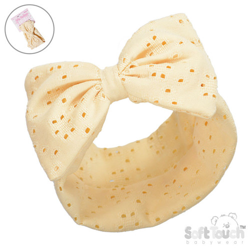 HB102 Soft Touch Lemon Broderie Anglaise Large Bow Headband