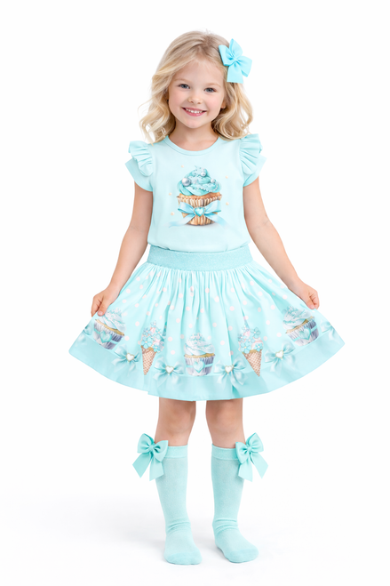 Giorgio Bambini Mint Girls Cupcake Bow Ruffle Top & Skirt Set DC114