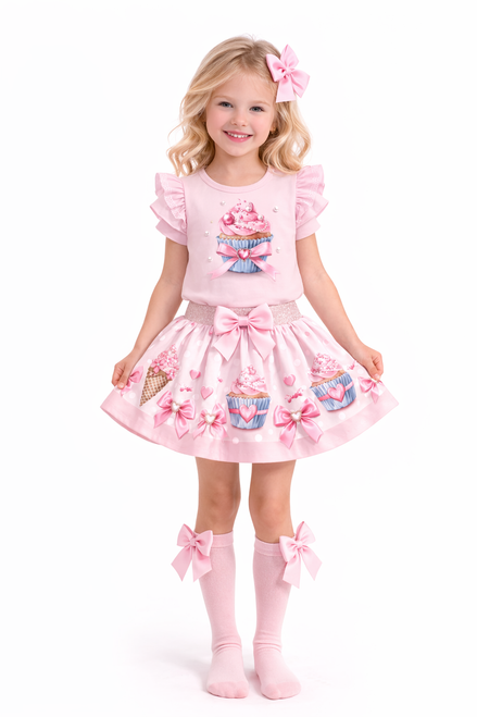 Giorgio Bambini Pink Cupcake Bow Ruffle Top & Skirt Set DC114