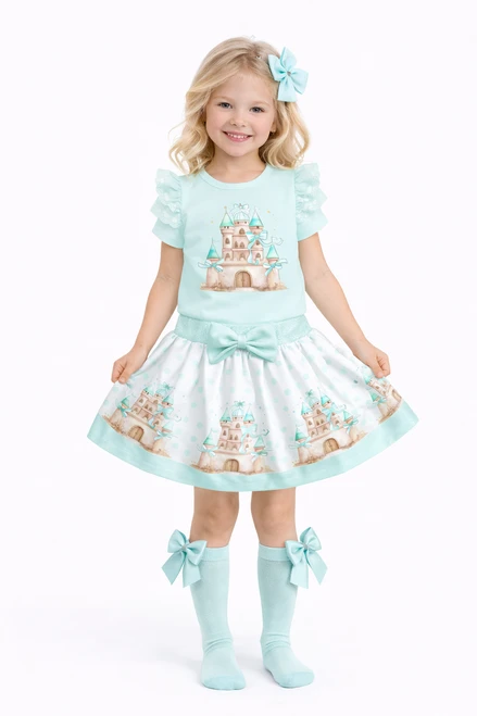 Giorgio Bambini Mint Girls Castle Bow Ruffle Top & Skirt Set DC115