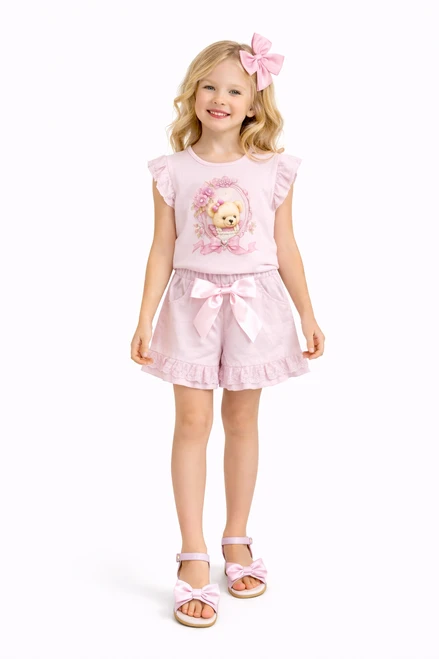 Giorgio Bambini Pink Girls Teddy Bow Lace Trim Top & Short Set YG37