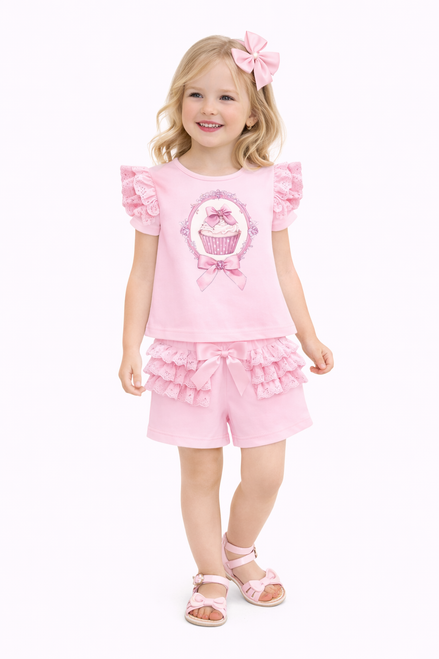 Giorgio Bambini Pink Girls Cupcake Lace Ruffle Top & Short Set YG39