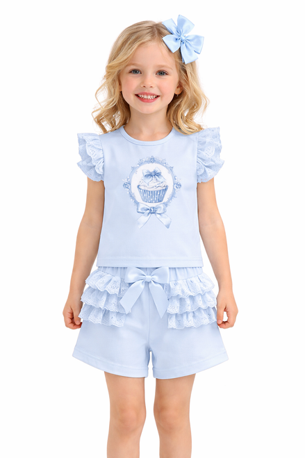 Giorgio Bambini Blue Girls Cupcake Lace Ruffle Top & Short Set YG39