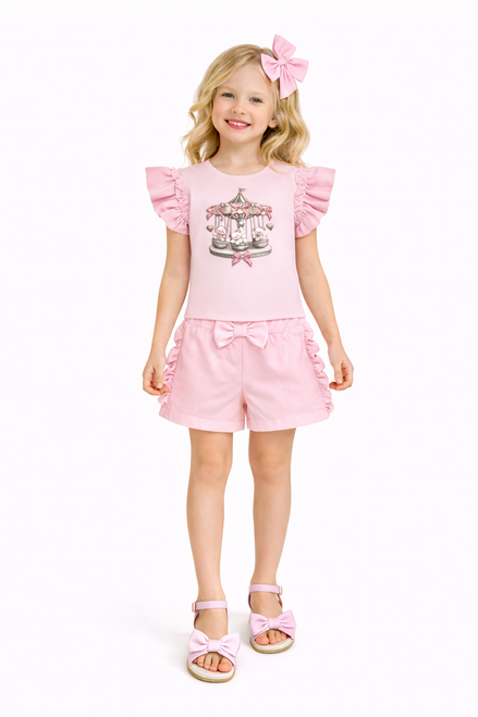 Giorgio Bambini Pink Girls Carousel Bear Ruffle Top & Short Set YG38