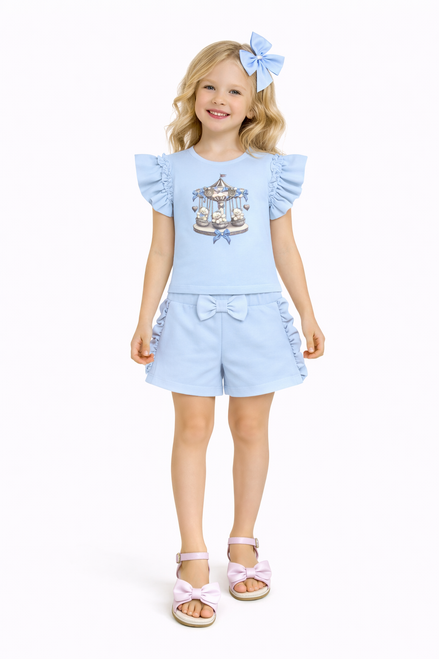 Giorgio Bambini Blue Girls Carousel Bear Ruffle Top & Short Set YG38
