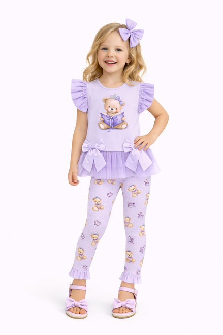Giorgio Bambini Lilac Girls Princess Teddy Bow Ruffle Top & Legging Set YG44