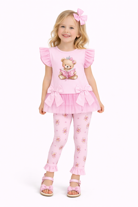 Giorgio Bambini Pink Girls Princess Teddy Bow Ruffle Top & Legging Set YG44