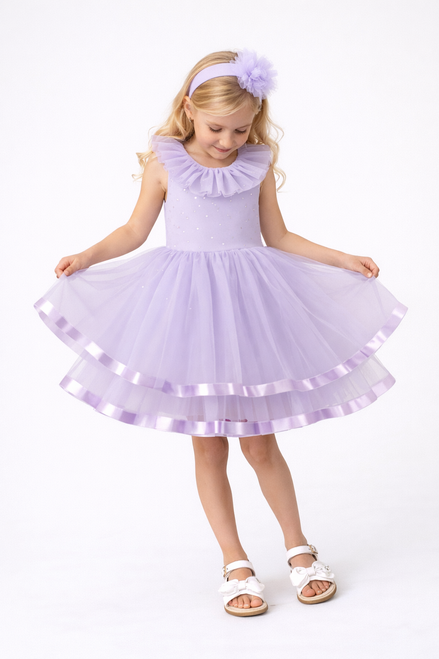 Caramelo Girls Lilac Tulle Diamante Party Dress with Headband 0321135