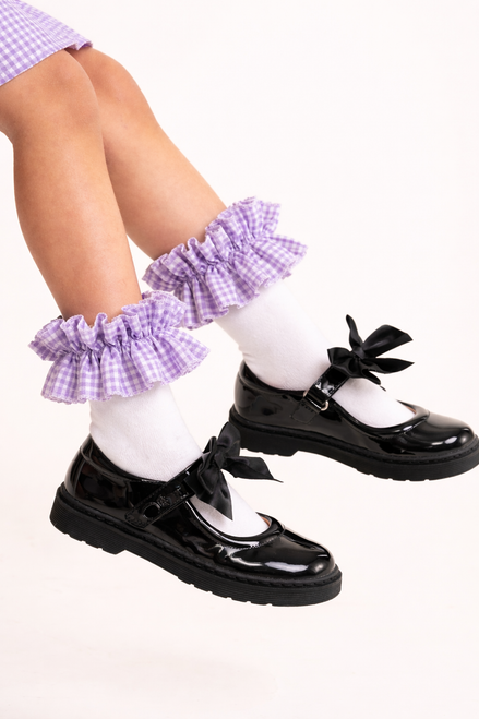Caramelo Girls School Purple Gingham Ruffle Ankle socks 04431