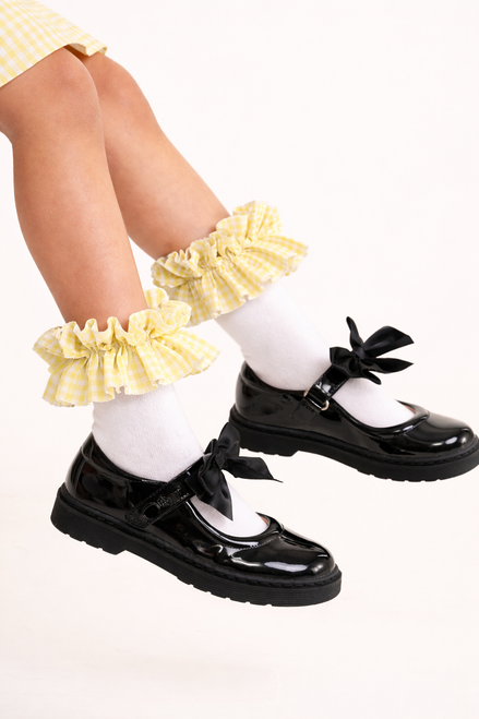 Caramelo Girls School Yellow Gingham Ruffle Ankle socks 04431