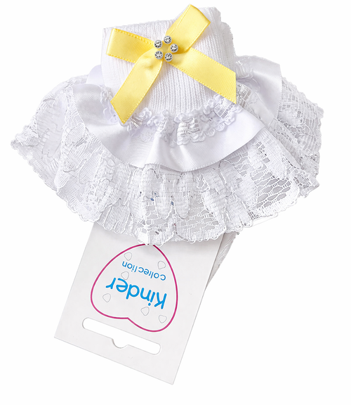 Kinder Diamante Bow Frilly socks - White/Lemon 8554