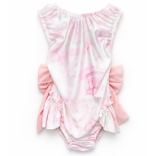 Girls White/Pink Carousel Print Bow Cross Back Swimsuit 477